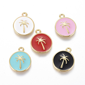 Golden Plated Brass Enamel Pendants, Flat Round with Coconut Tree