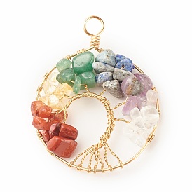 Natural Gmestone Copper Wire Big Pendants, Natural Amethyst & Green Aventurine & Citrine & Lapis Lazuli & Red Jasper & Red Aventurine & Quartz Crystal, Mixed Dyed and Undyed, Flat Round with Tree