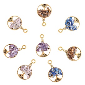 20Pcs 4 Styles Natural Mixed Stone Chip European Dangle Charms, Large Hole Pendant, Natural Amethyst & Lapis Lazuli & Tiger Eye & Rose Quartz, with Alloy Findings, Flat Round with Tree of Life
