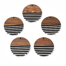 Stripe Resin & Walnut Wood Pendants, Flat Round