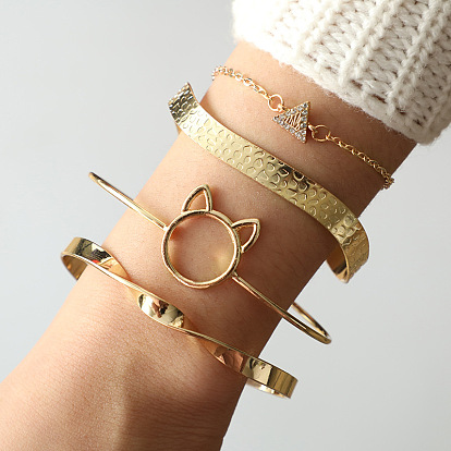 Chic Geometric Cat Cuff Bracelet Set with Alloy Chain - 4 Pieces