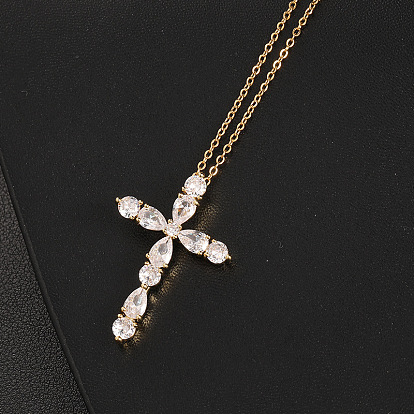 Colorful Zircon Water Drop Geometric Cross Necklace Pendant for European and American Religious Beliefs Clavicle Chain