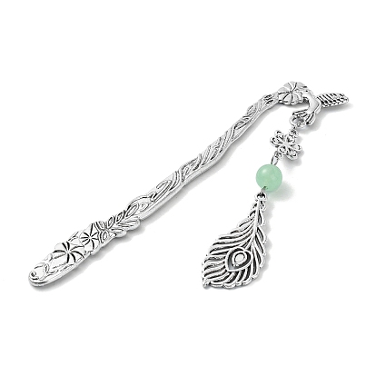 Natural & Dyed Malaysia Jade Round Beaded Alloy Bookmarks, Morning Glory Bookmark, Feather Pendant Book Marker
