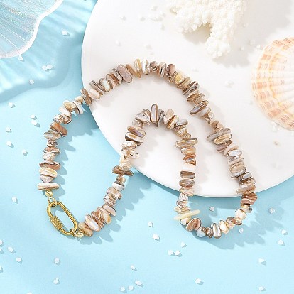 Natural Freshwater Shell Chip Beaded Necklaces, with 304 Stainless Steel Screw Carabiner Lock Charms, Tan