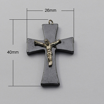 Pendentifs en hématite non-magnétiques, Grade a, avec les accessoires en fer, crucifix croix, 40x26x6mm, Trou: 2mm