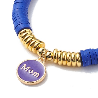 5Pcs 5 Color Handmade Polymer Clay Heishi Surfer Stretch Bracelets Set, Word Mom Alloy Enamel Charms Stackable Bracelets for Mother's Day