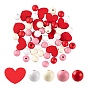 130Pcs 5 Style Red Series Painted Natural Wood Beads, Heart & Round