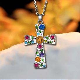 Collier pendentif à la mode de style européen et américain avec croix et fleur.
