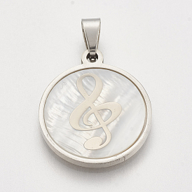 201 Stainless Steel Pendants, with Shell, Flat Round with Treble Clef