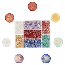 Perles de pierres précieuses mixtes naturelles et synthétiques sur le thème du chakra, pas de trous / non percés, avec boîte en forme de rectangle, chips et rond plat