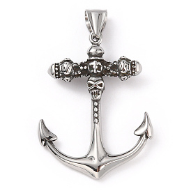 304 Stainless Steel Pendants, with 201 Stainless Steel Snap on Bails, Anchor with Skull Charm