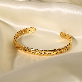 Fashionable 18k Gold Plated Stainless Steel Bracelet for Women with Wheat Shape, Titanium Steel Open Cuff Bangle Jewelry