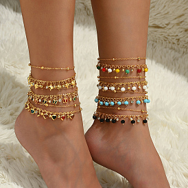 Fashionable Vintage Beach Style Brass Cubic Zirconia Double Layer Tassel Adjustable Ladies Anklets, Real 18K Gold Plated