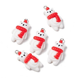 Christmas Theme Opaque Resin Pendants, with Platinum Tone Iron Findings, Bear with Red Scarf