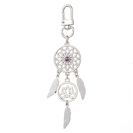 Alloy Woven Web/Net with Feather Pendant Decorations, Natural Amethyst Bead & Swivel Clasps Charm for Bag Ornaments