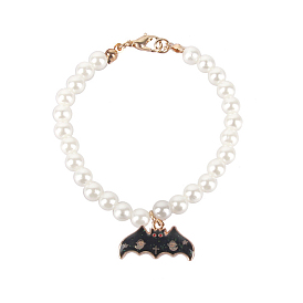 Halloween Theme Bat Doll Charm Necklace, with Alloy Enamel Pendants and Acrylic Imitation Pearls, Doll Jewelry Making Supplies