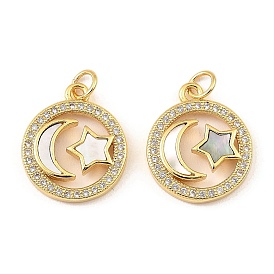 Brass Cubic Zirconia with Shell Pendants, Long-Lasting Plated, Lead Free & Cadmium Free, Flat Round