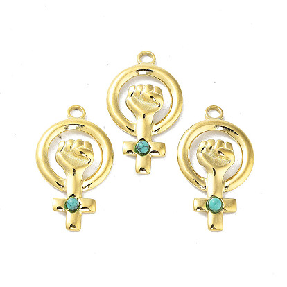 304 Stainless Steel Pendants, with Synthetic Turquoise, Woman Power Amulet Charm