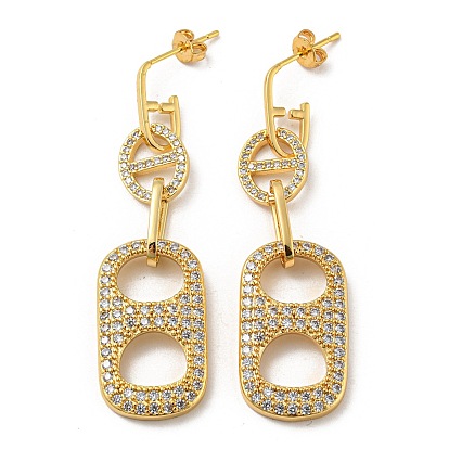 Real 18K Gold Plated Brass Dangle Stud Earrings, with Cubic Zirconia, Oval