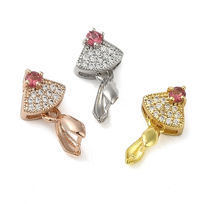 Rack Plating Brass Micro Pave Clear Cubic Zirconia Ice Pick Pinch Bails, Long-Lasting Plated, Lead Free & Cadmium Free, Fan
