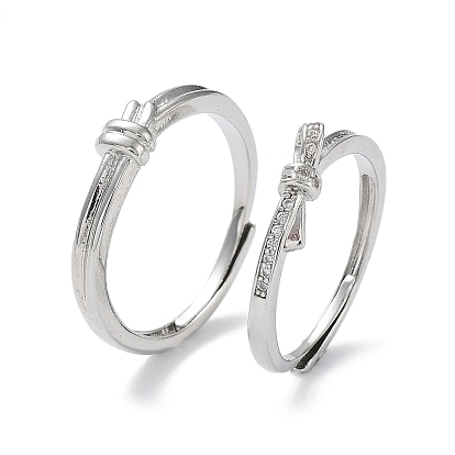 Valentine's Day Brass Pave Clear Cubic Zirconia Adjustable Couple Rings, Knot Finger Rings