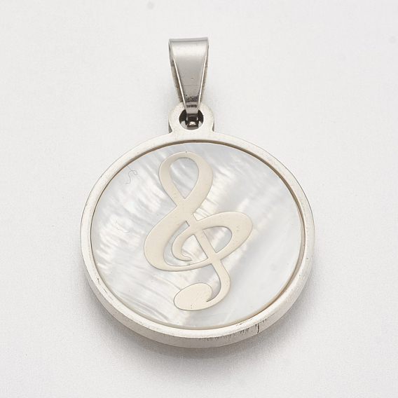 201 Stainless Steel Pendants, with Shell, Flat Round with Treble Clef