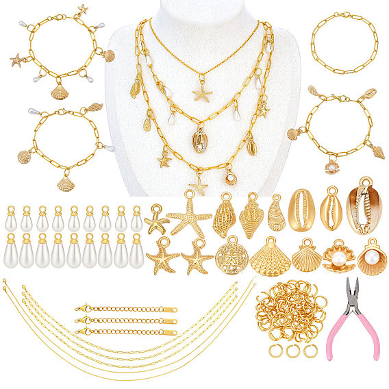 Kit para hacer collares y pulseras con temática oceánica, Incluye aleación con colgantes de plástico con forma de estrella de mar y concha de perla., alicates de punta de acero, cadena de cable de latón, 304 argollas de acero inoxidable