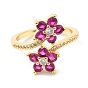 Cubic Zirconia Flower Open Cuff Rings, Real 16K Gold Plated Brass Jewelry for Women