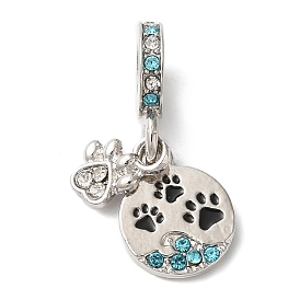 Rack Plating Alloy Aquamarine & Clear Rhinestone European Dangle Charms, Large Hole Paw Print Pendants with Enamel, Cadmium Free & Nickel Free & Lead Free, Platinum