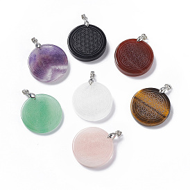 Gemstone Pendants, Flat Round Charms with Round Pattern, with Rack Plating Platinum Tone Brass Findings, Cadmium Free & Lead Free