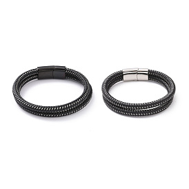 Black Microfiber Braided Cord Double-strand Bracelet with 304 Stainless Steel Magnetic Clasps, Punk Wristband for Men Women