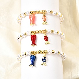 Латунные браслеты из кубического циркония, рыба, с эмалью, ABS имитация жемчуга, стойки покрытие, долговечный, без свинца и без кадмия, реальный 18 k позолоченный