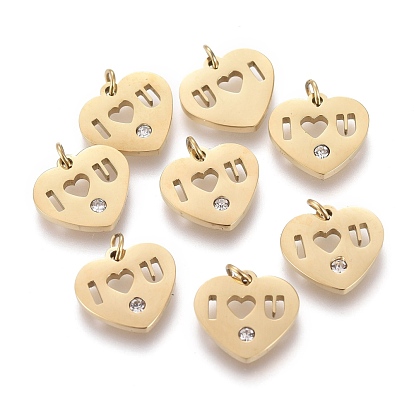316 Surgical Stainless Steel Charms, with Jump Rings and Crystal Rhinestone, Heart