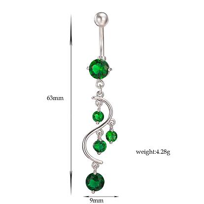 Piercing Jewelry Real Platinum Plated Brass Rhinestone S Shape Navel Ring Belly Rings, 63x9mm