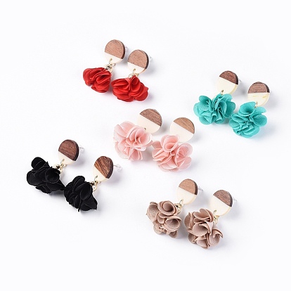 Aretes, con colgante de tela, Colgantes de resina y madera y hallazgos de acero inoxidable., plano y redondo y flor