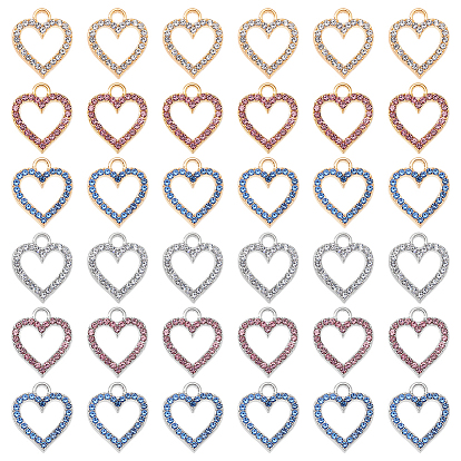 60 шт 6 цвета подвески из сплава, со стразами, без кадмия и без свинца, полые сердца