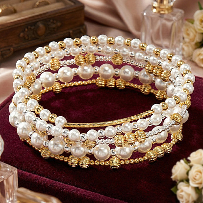 Браслеты из латуни с круглыми бусинами из искусственного жемчуга, эластичные., составные браслеты для женщин