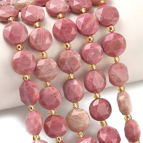 Natural Rhodonite Beads Strands, Faceted Hexagonal Cut, Flat Round, with Seed Beads