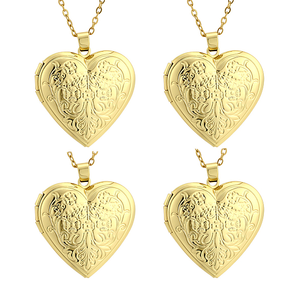 4Pcs Brass Heart Locket Pendants, with 4Pcs 304 Stainless Steel Cable Chain Necklaces for Women