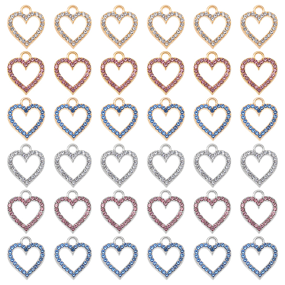 60 шт 6 цвета подвески из сплава, со стразами, без кадмия и без свинца, полые сердца