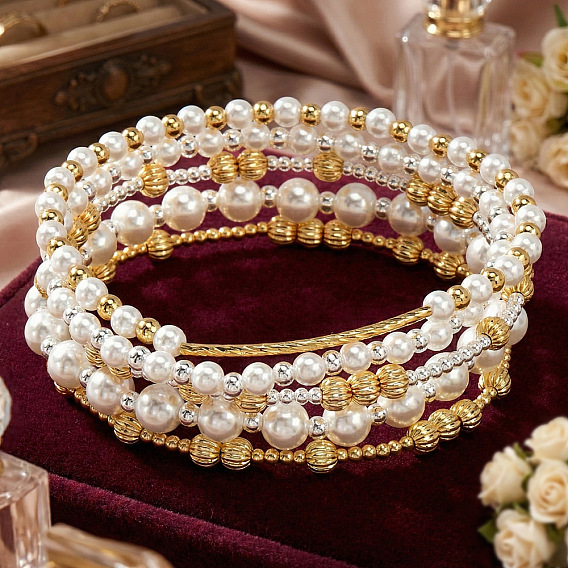 Браслеты из латуни с круглыми бусинами из искусственного жемчуга, эластичные., составные браслеты для женщин