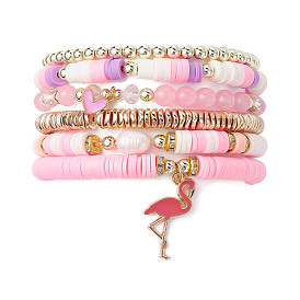 Ensemble de bracelets extensibles en perles de malaisie, style naturel, perles et hématite synthétique, bracelets preppy heishi en argile polymère avec breloques flamants roses