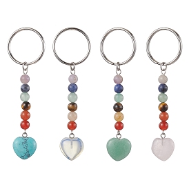 Natural & Synthetic Mixed Gemstone Keychains, with 304 Stainless Steel Keychain Clasp Findings, Heart