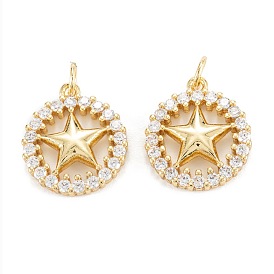 Brass Micro Pave Clear Cubic Zirconia Pendants, Long-Lasting Plated, Flat Round with Star