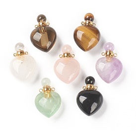 Pendentifs en pierre naturelle, bouteille de parfum ouvrable, avec les accessoires en laiton de tonalité d'or, forme de coeur