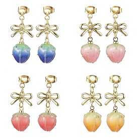 4Pairs 4 Colors Resin Stud Earring, with Alloy Links Bowknot Connectors and 304 Stainless Steel Stud Earring Findings, Strawberry