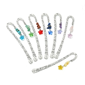 7Pcs Chakra Natural & Synthetic Gemstone Chip & Star Glass Charm Bookmarks, Alloy Hook Bookmarks