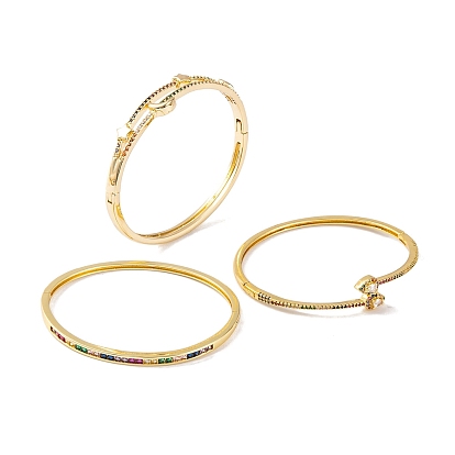 Moon/Teardrop/Square Brass Pave Colorful Cubic Zirconia Hinged Bangles for Women, Golden
