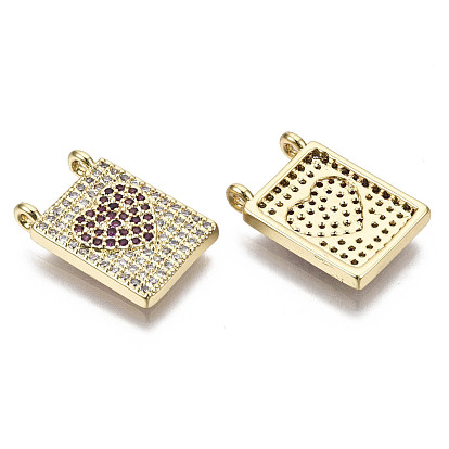 Brass Micro Pave Cubic Zirconia Pendants, Nickel Free, Rectangle with Heart, Real 16K Gold Plated