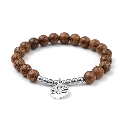 Charm Bracelets, with Natural Wood & Non-magnetic Synthetic Hematite Beads, Tibetan Style Alloy Pendants,
 Flat Round with Lotus